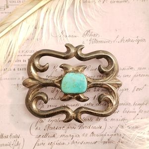 Old Navajo Sterling Silver Sand Cast Belt Buckle Center Turquoise Stone *Antique
